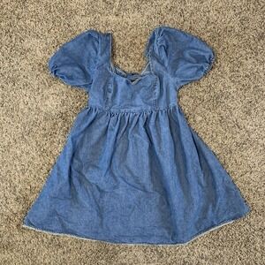 Shein Denim Maternity Dress Womens Small Square Neck Puff Sleeve Tie Back Mini